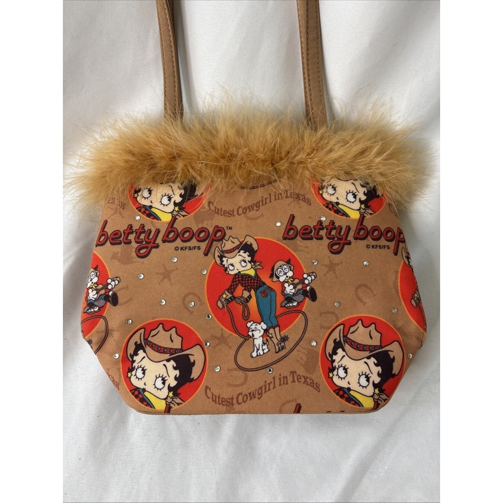 Vtg Y2K Betty Boop Cutest Cowgirl in Texas Mini Bag Fur Trim Tan Bag Country